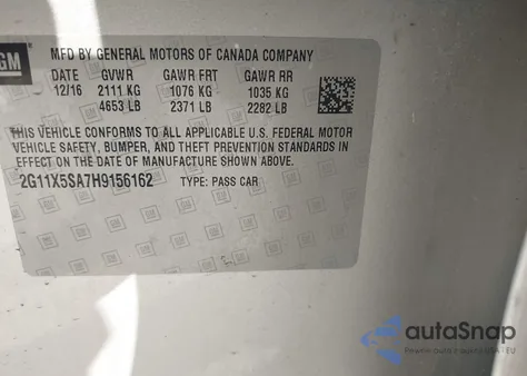 2017 Chevrolet Impala 1Fl из США, поврежденный, VIN 2G11X5SA7H9156162